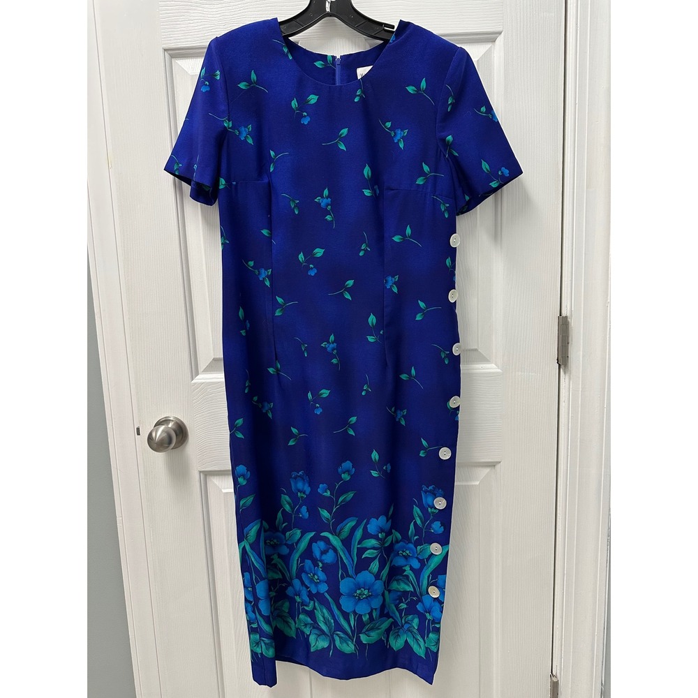 Miss Dorby Petites Vintage Blue Floral Button Side Sheath Midi Dress 12P 6274R